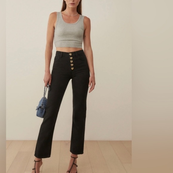 NWT Reformation Jeans Cynthia Gold Heart Button High Rise Jeans in Black Size 25 - Picture 1 of 11
